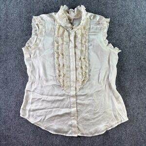 Converse One Star Blouse Womens Large Cream Ruffle Neck Satin Sleeveless Top